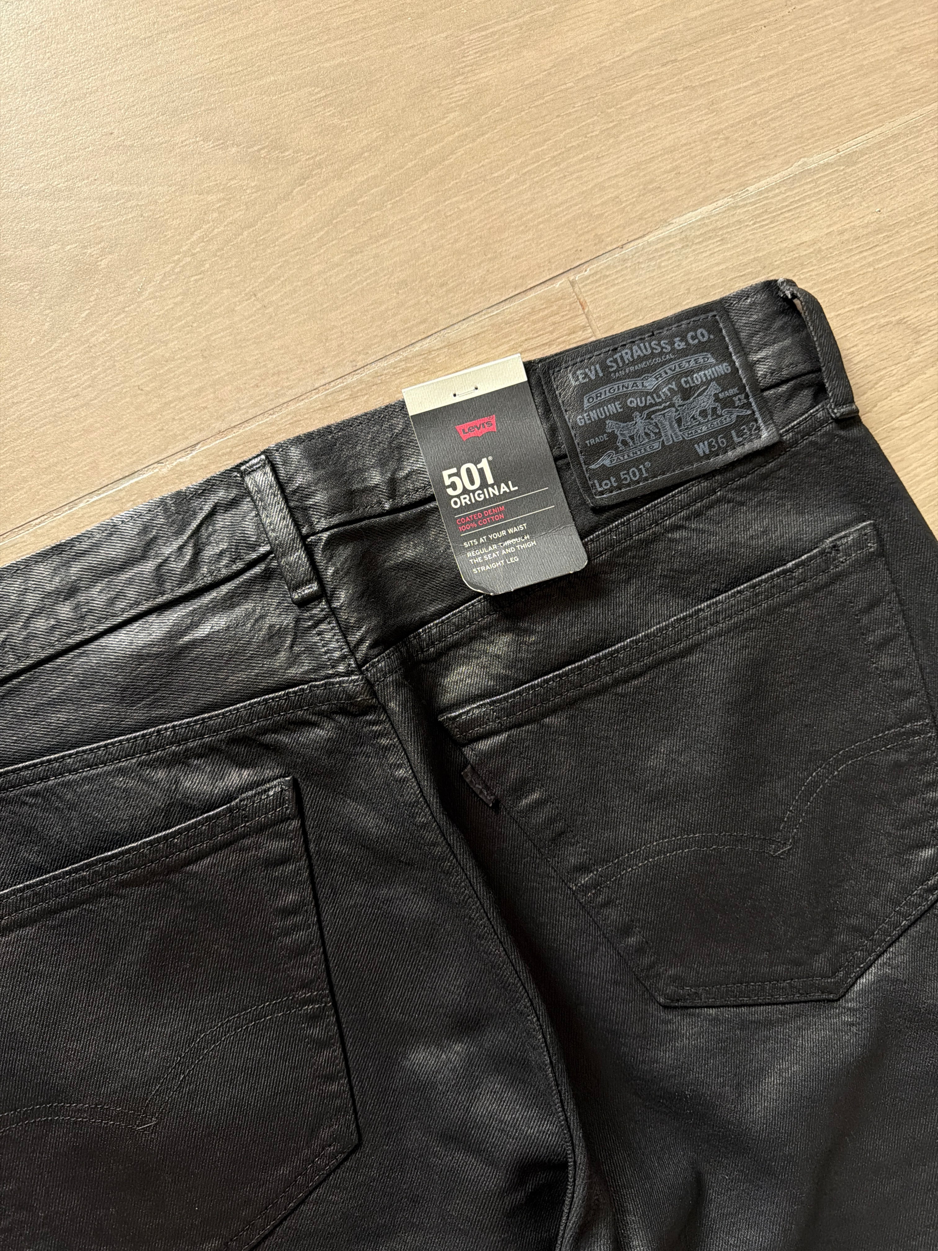 Levis Premium 501 Waxed Coated Denim Jeans Black
