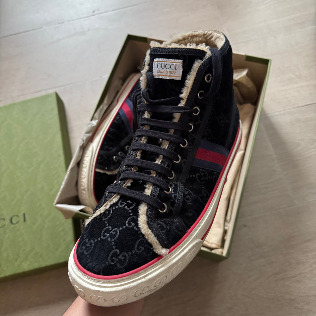 Gucci Tennis 1977 Shearling Lined Webbing-Trimmed Monogrammed Suede Sneakers