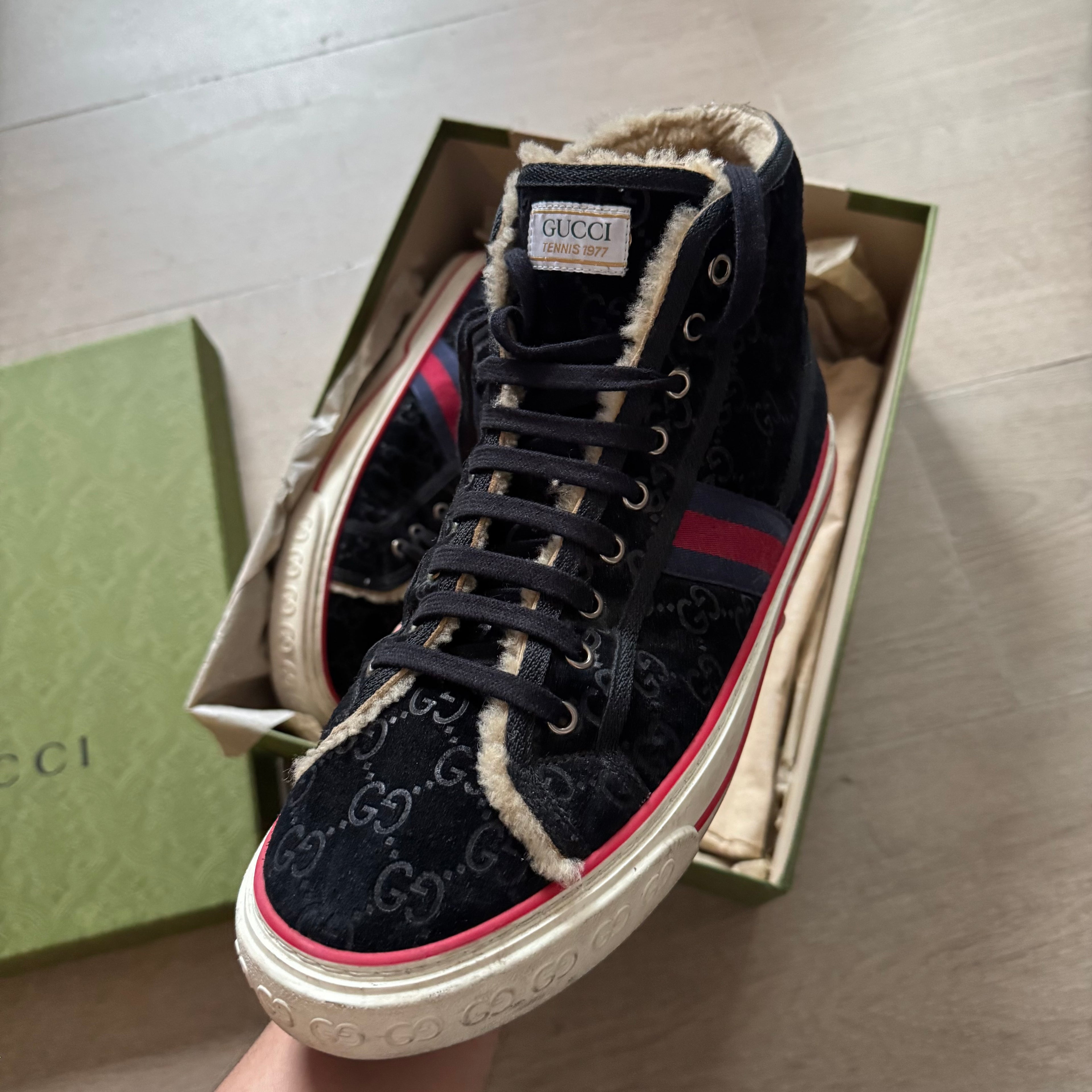 Gucci Tennis 1977 Shearling Lined Webbing-Trimmed Monogrammed Suede Sneakers