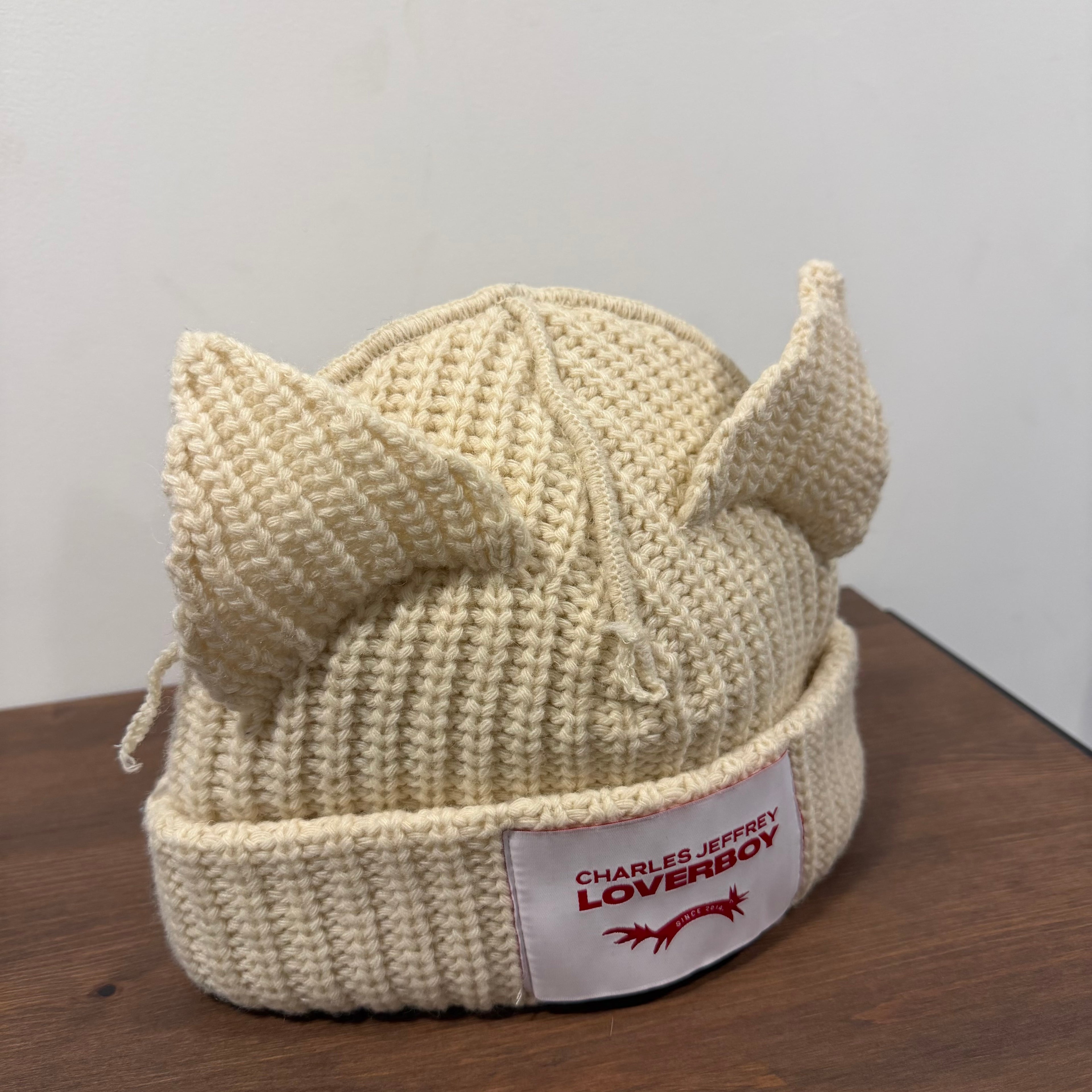 Charles Jeffrey Loverboy Beige Wool Beanie Chunky Ears