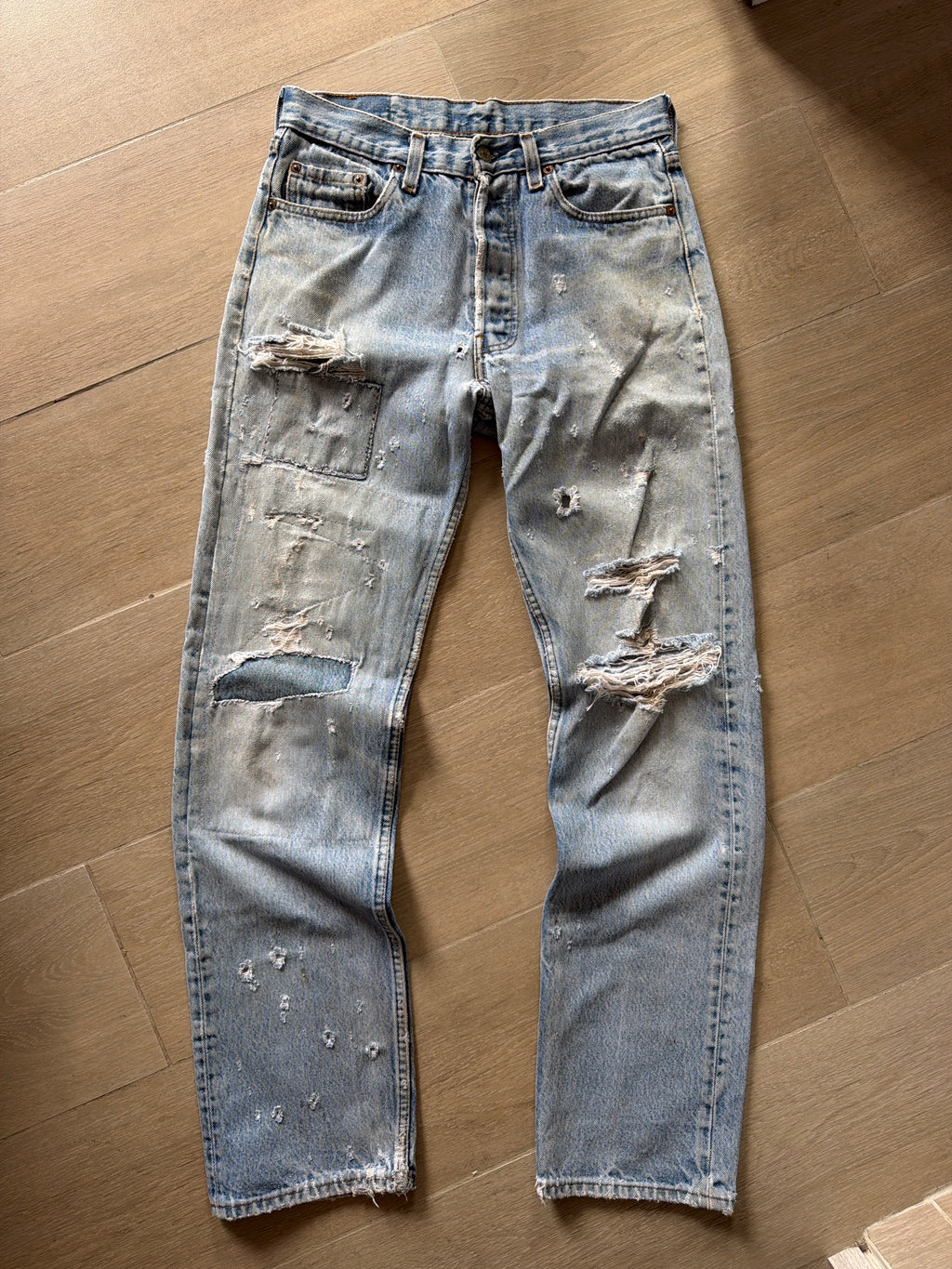 1980s Levi 501 “Repaired” Light Wash Denim Jeans (29w)