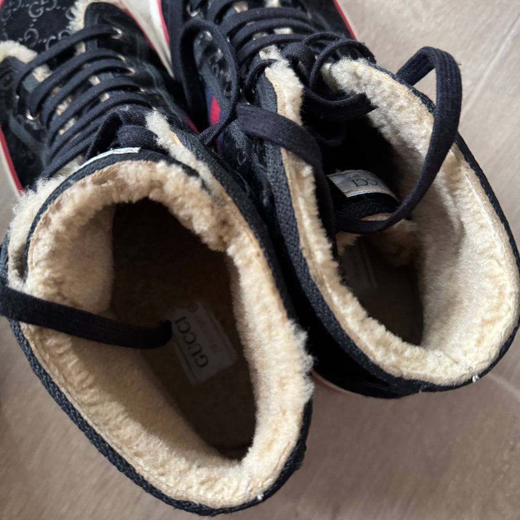 Gucci Tennis 1977 Shearling Lined Webbing-Trimmed Monogrammed Suede Sneakers