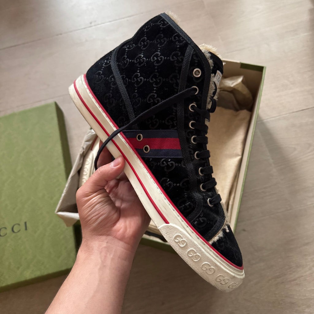 Gucci Tennis 1977 Shearling Lined Webbing-Trimmed Monogrammed Suede Sneakers