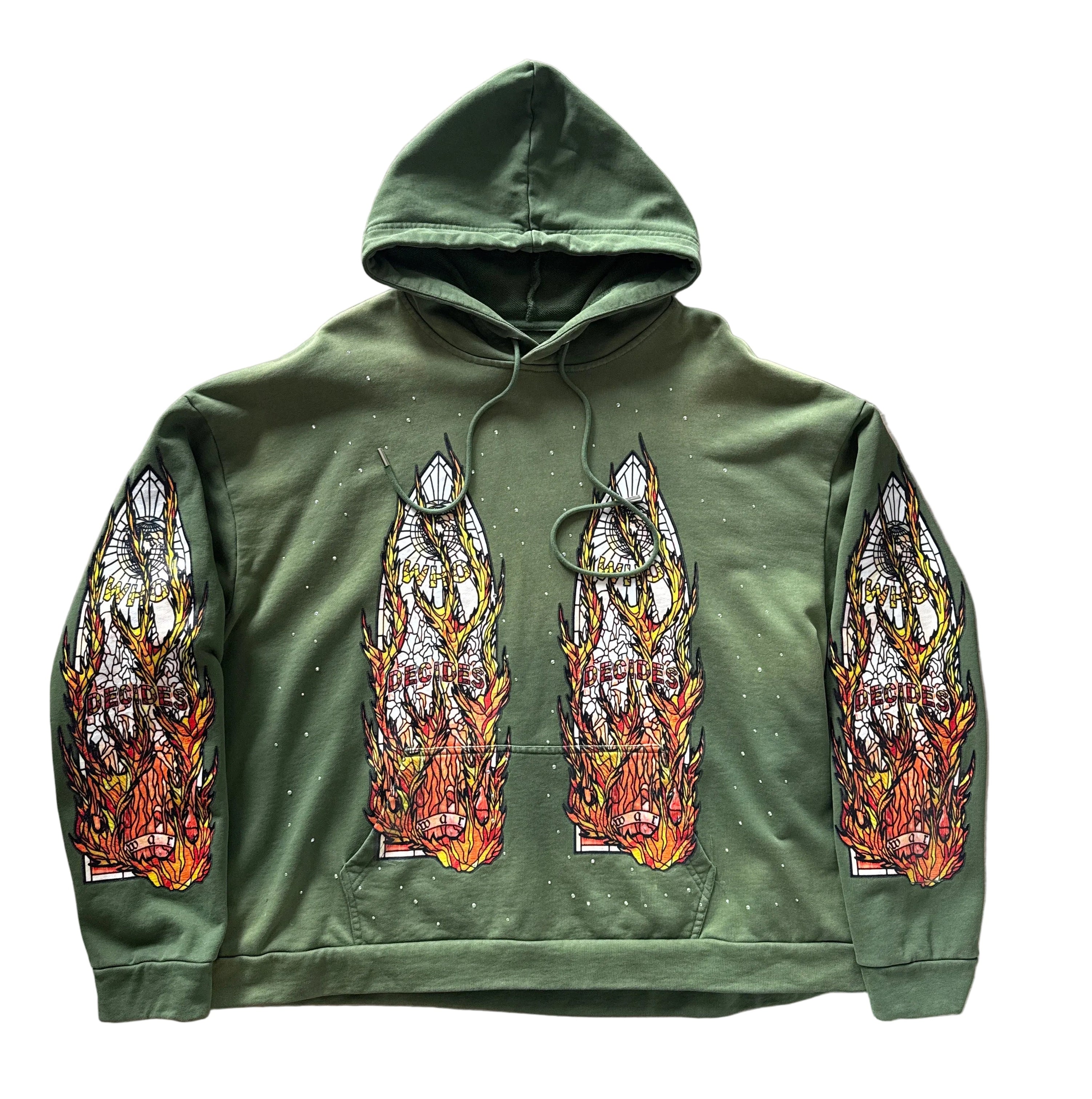 Who Decides War Flame Glass Hooded Pullover Green