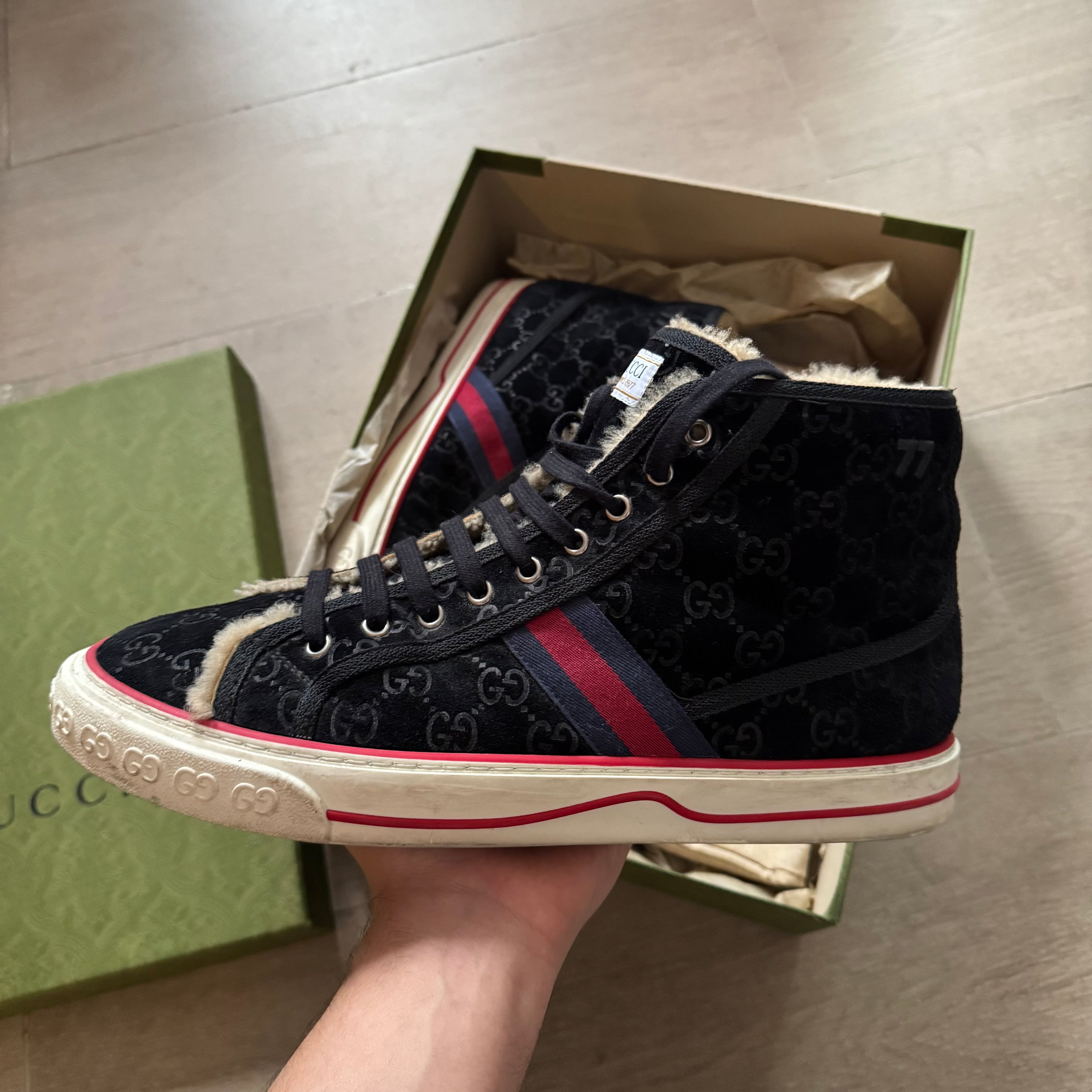 Gucci Tennis 1977 Shearling Lined Webbing-Trimmed Monogrammed Suede Sneakers