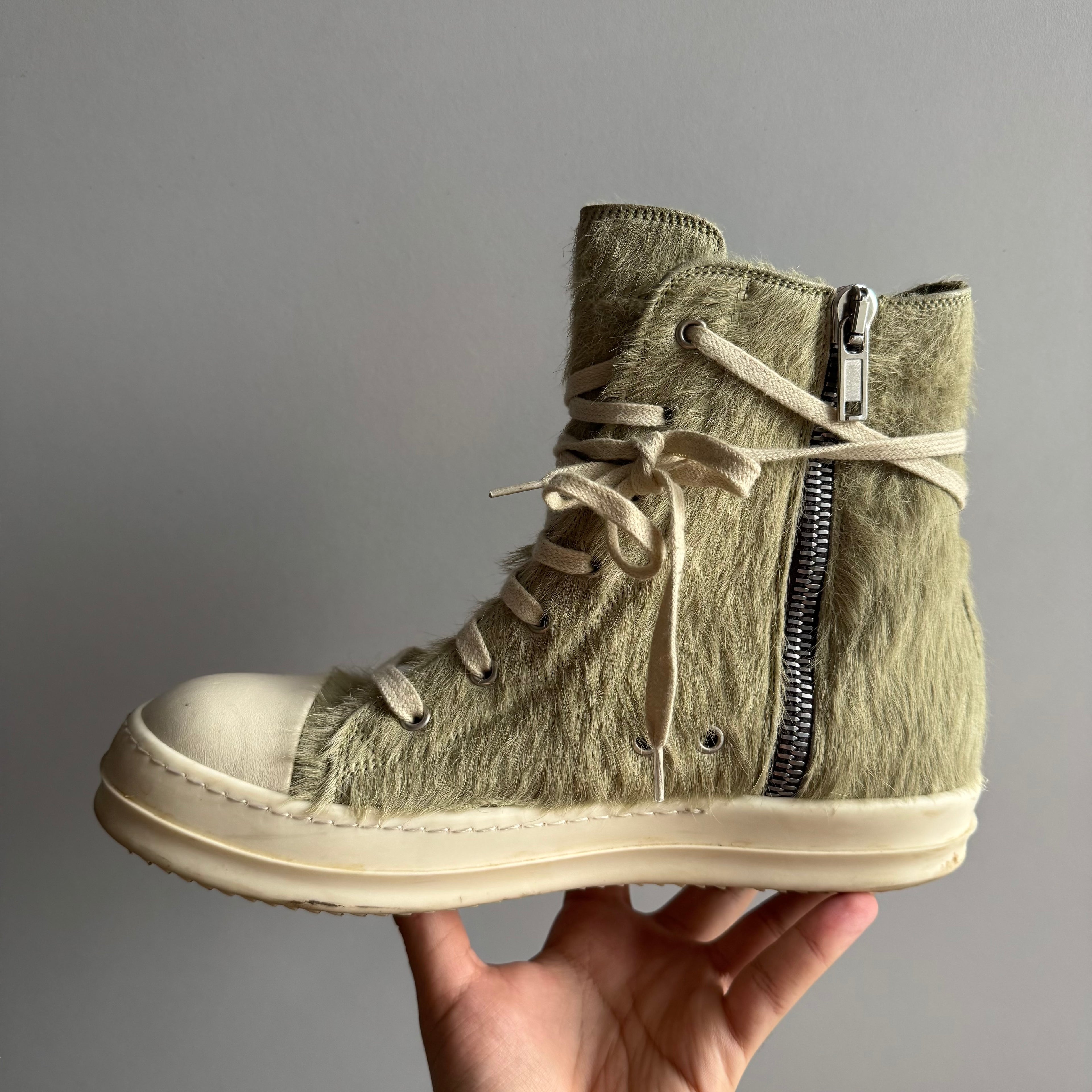 AW21 Rick Owens Mainline Pony Hair “Gethesmane”High Top Ramones Acid Green (GRINCH)
