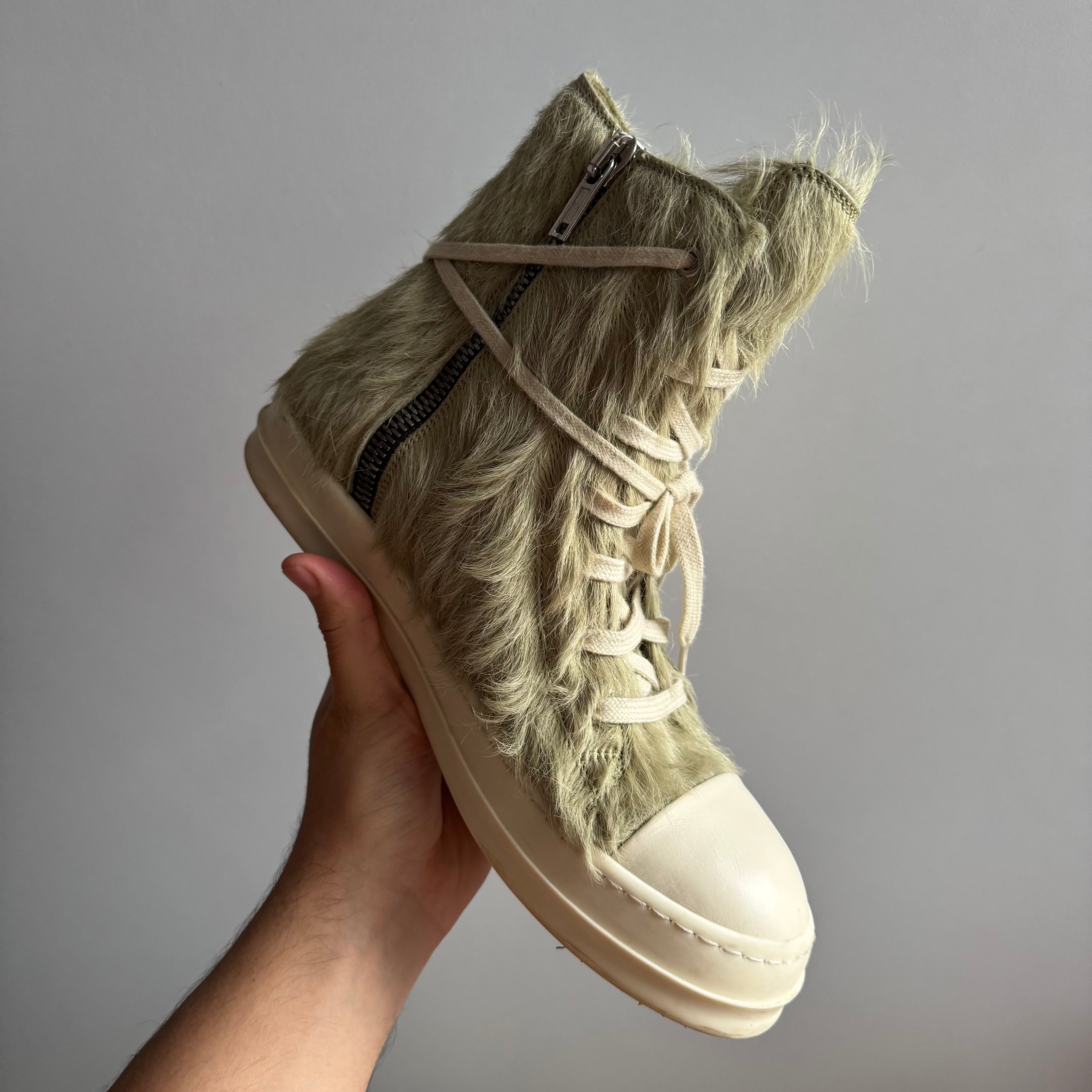 AW21 Rick Owens Mainline Pony Hair “Gethesmane”High Top Ramones Acid Green (GRINCH)