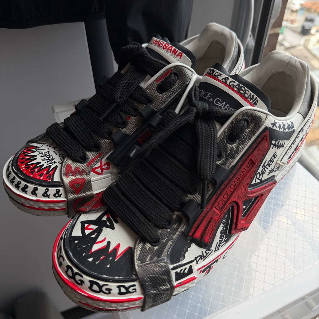 Dolce & Gabanna Tricolor Leather Graffiti Print Portofino Sneakers