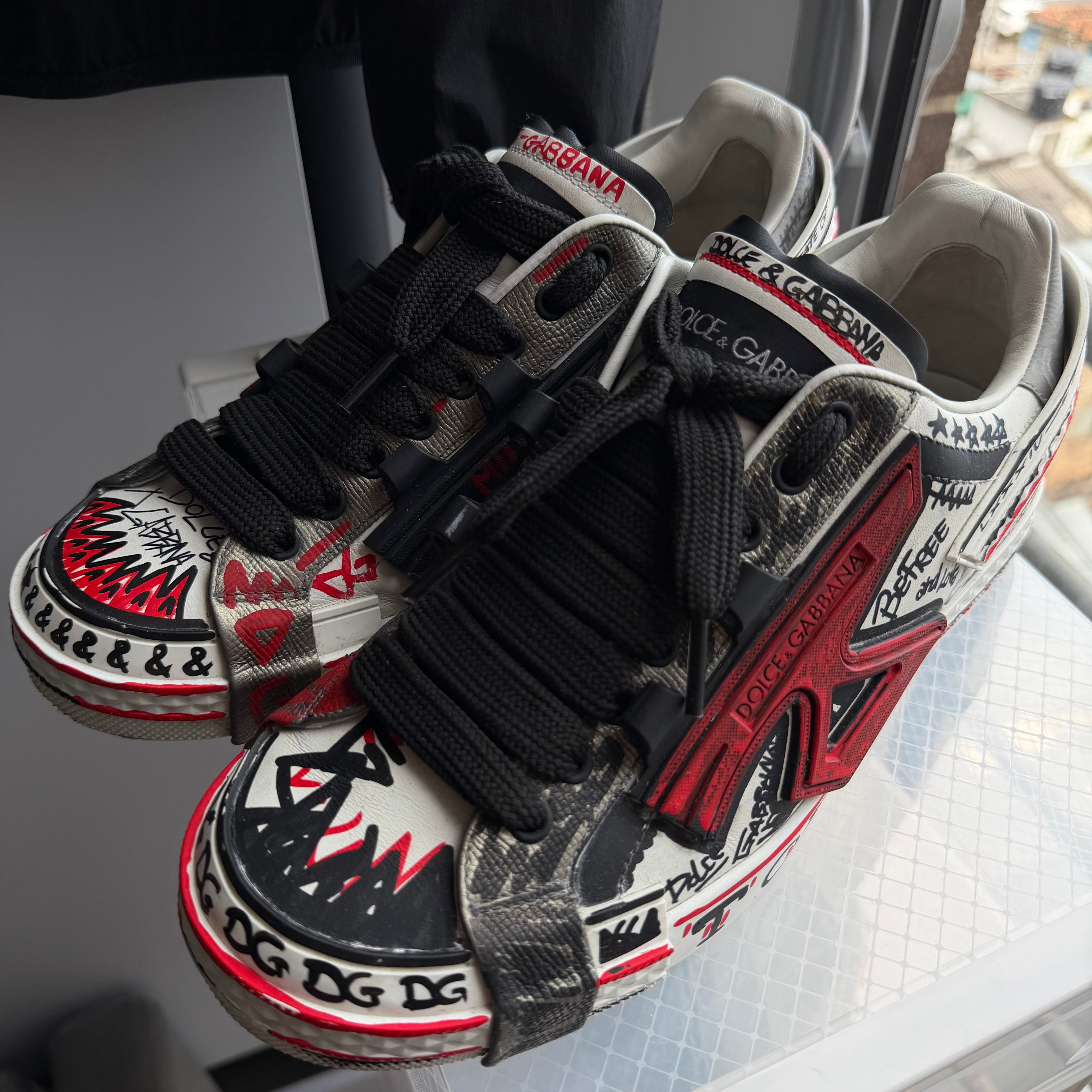 Dolce & Gabanna Tricolor Leather Graffiti Print Portofino Sneakers