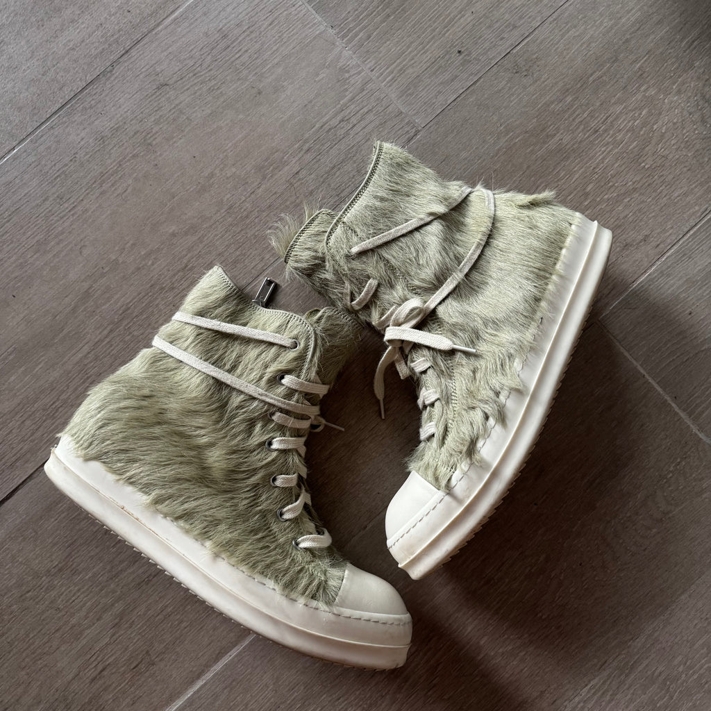 AW21 Rick Owens Mainline Pony Hair “Gethesmane”High Top Ramones Acid Green (GRINCH)