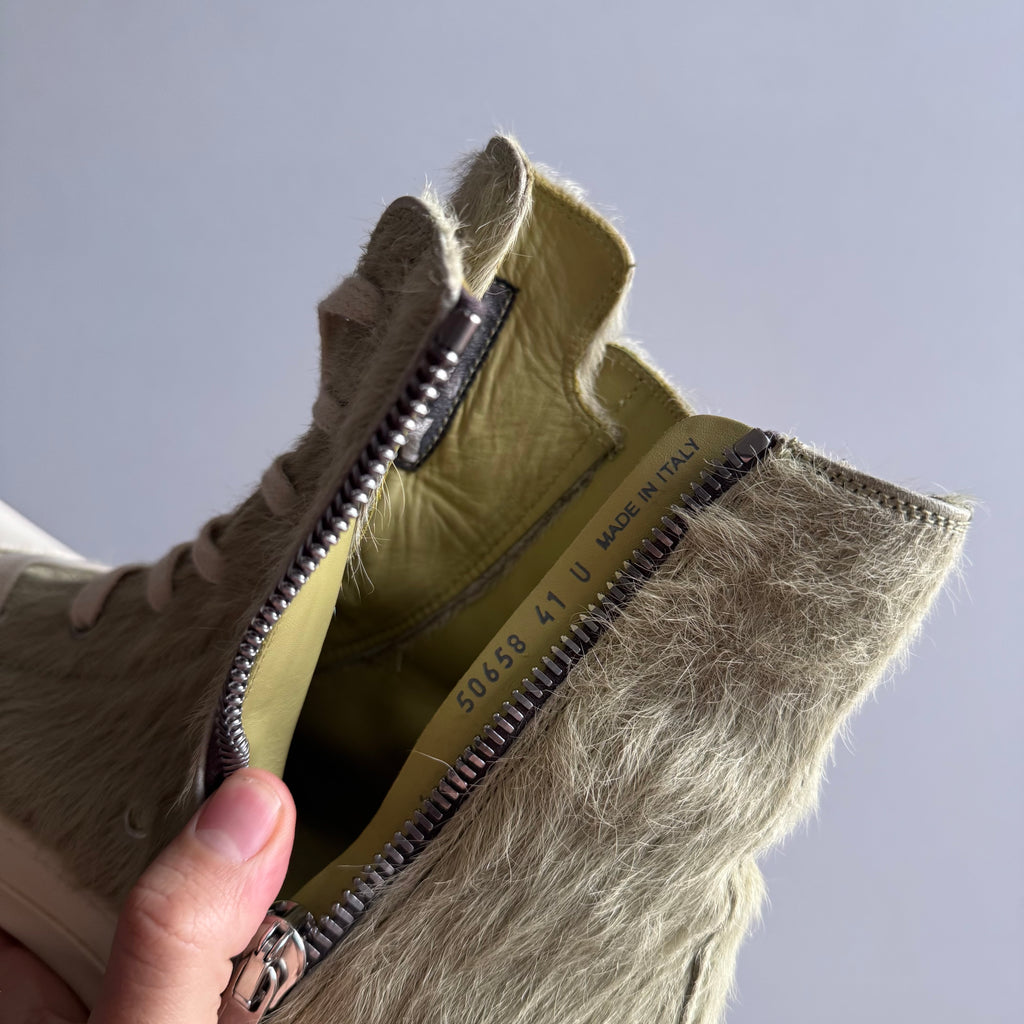 AW21 Rick Owens Mainline Pony Hair “Gethesmane”High Top Ramones Acid Green (GRINCH)