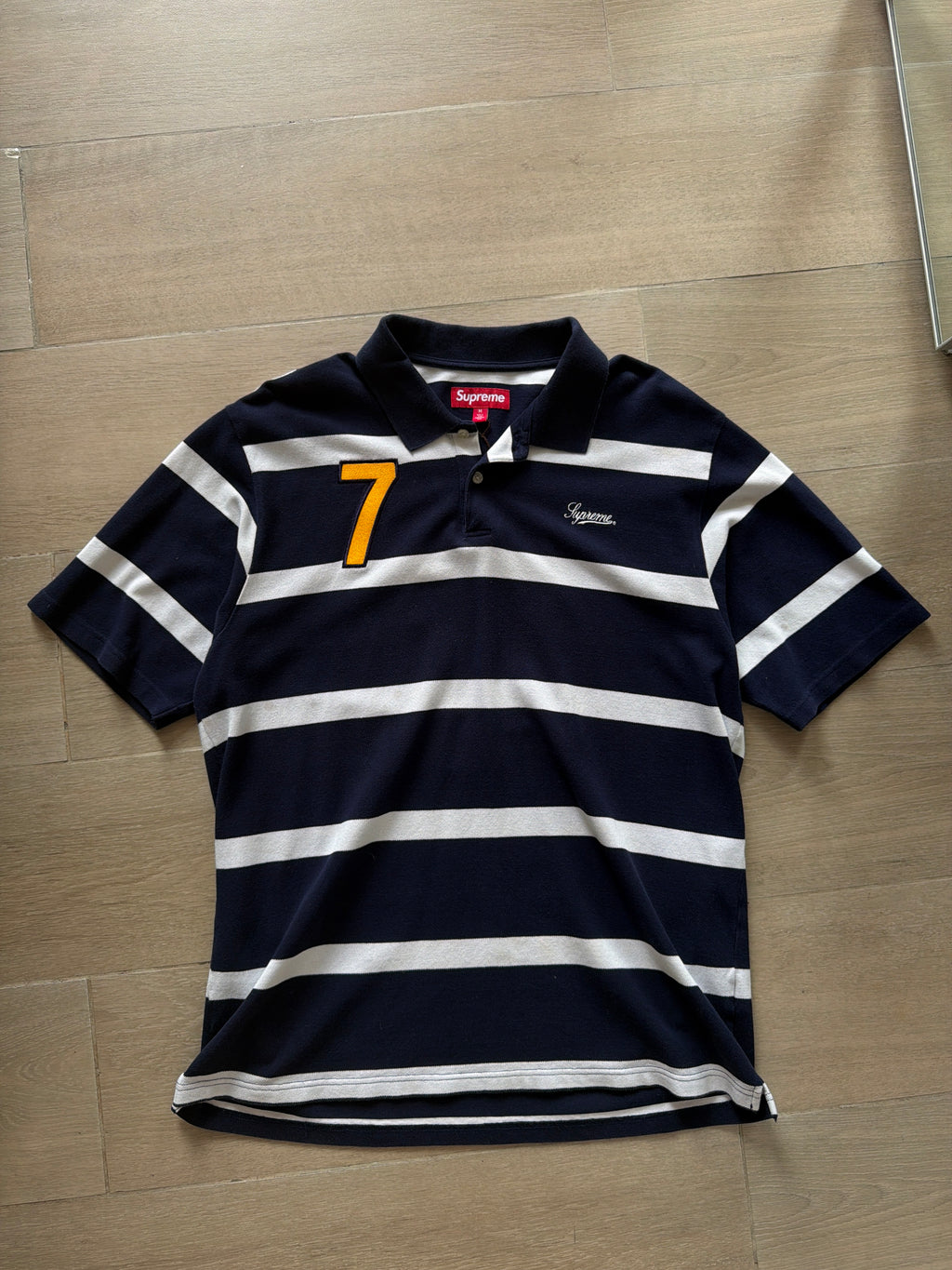 Supreme Cursive Polo Navy Stripes (M)