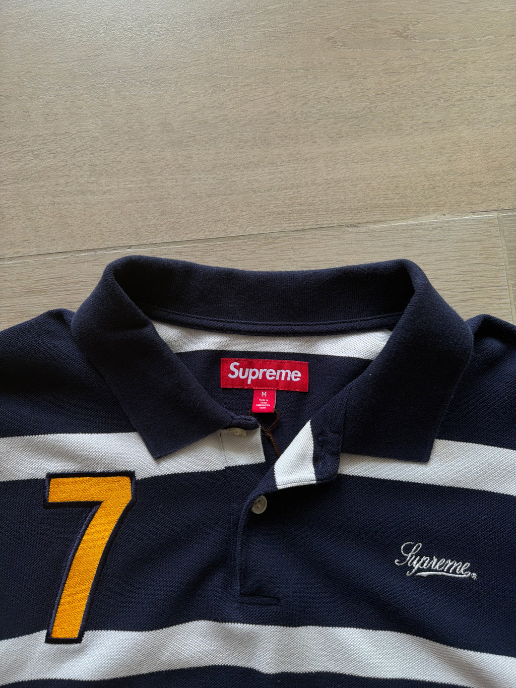 Supreme Cursive Polo Navy Stripes (M)