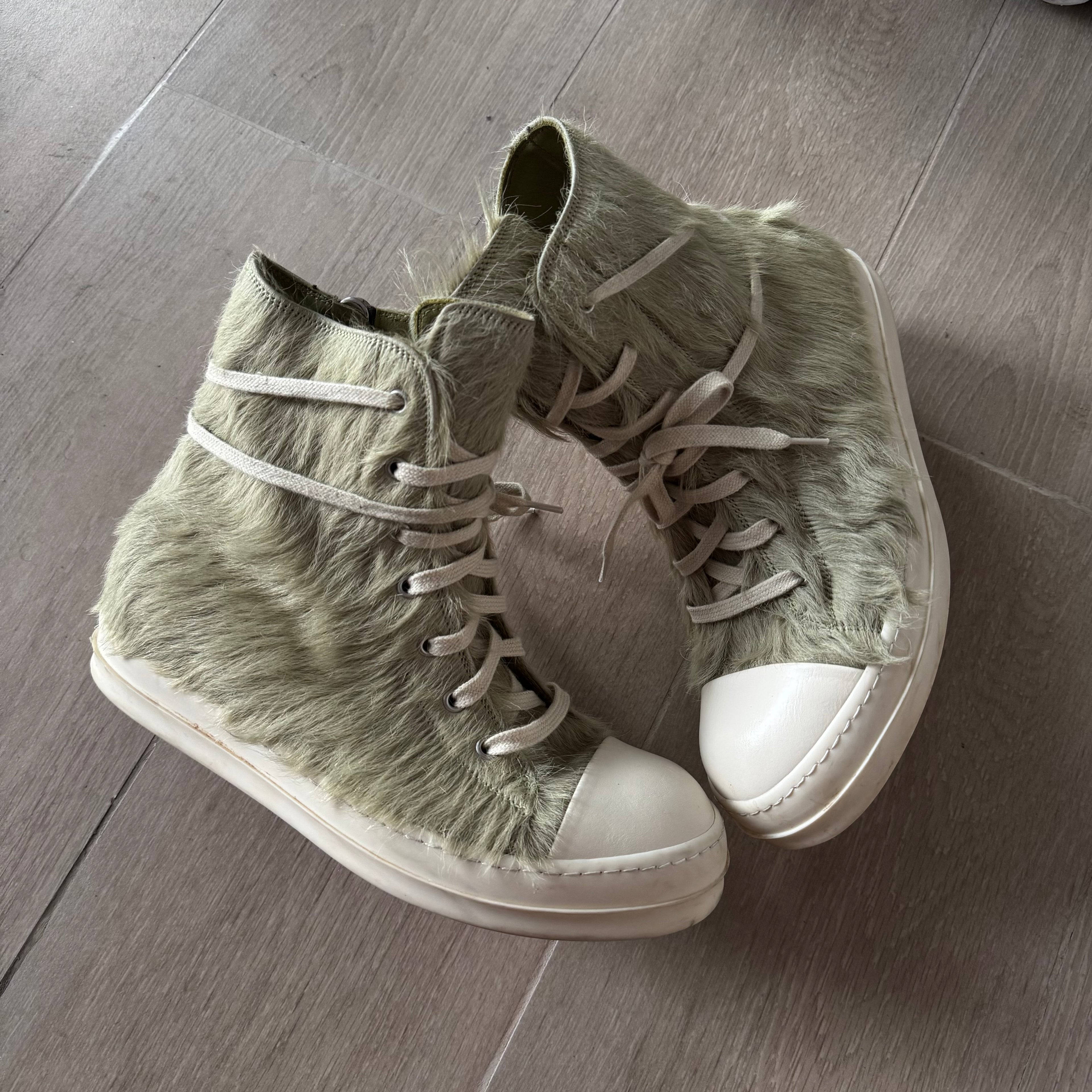 AW21 Rick Owens Mainline Pony Hair “Gethesmane”High Top Ramones Acid Green (GRINCH)
