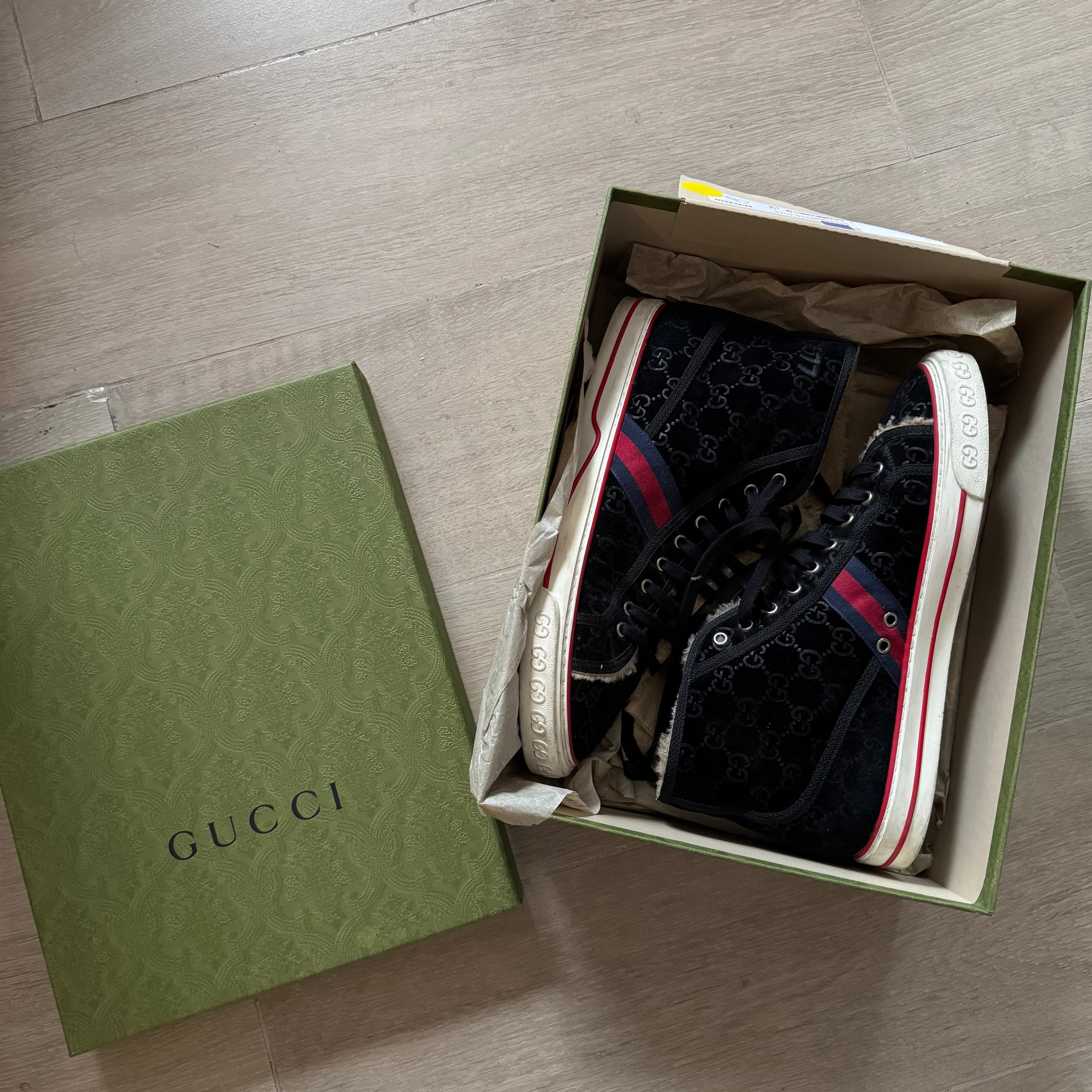 Gucci Tennis 1977 Shearling Lined Webbing-Trimmed Monogrammed Suede Sneakers