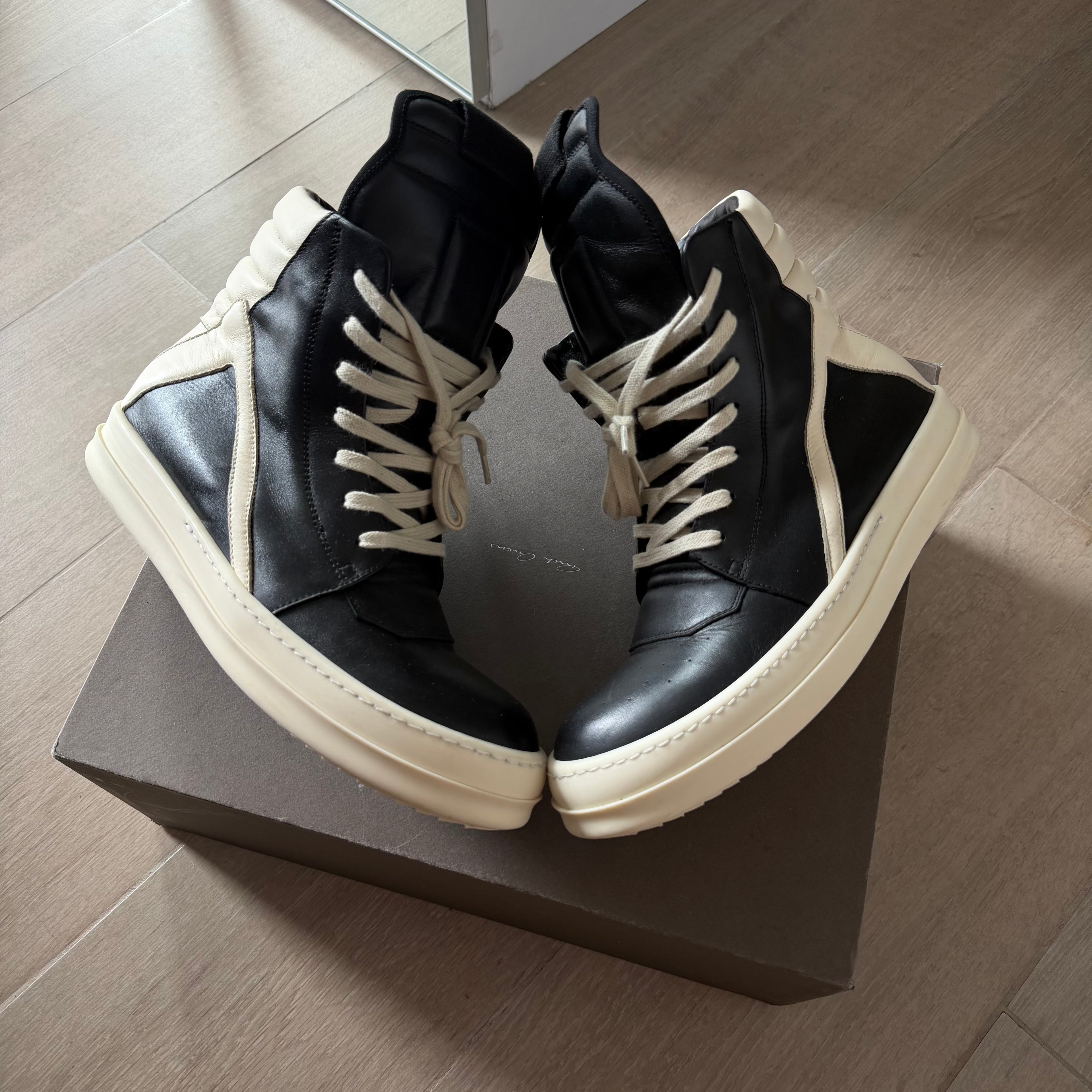 Rick Owens Mainline Geobaskets High Top Sneakers Black/Milk