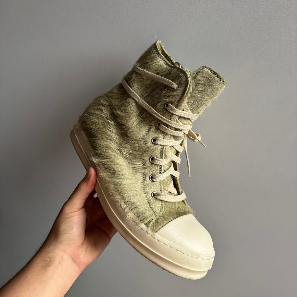 AW21 Rick Owens Mainline Pony Hair “Gethesmane”High Top Ramones Acid Green (GRINCH)